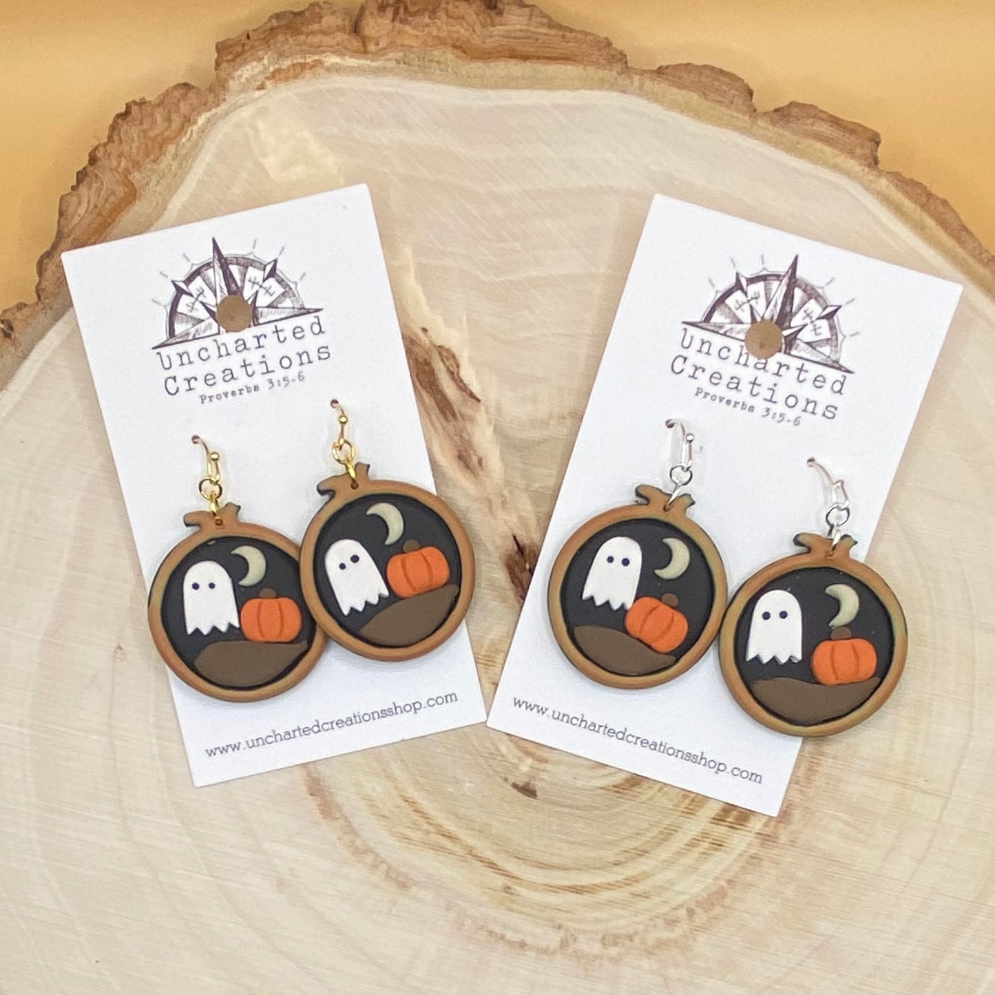 Earring- Ghost Pumpkin Patch Embroidery Hoop