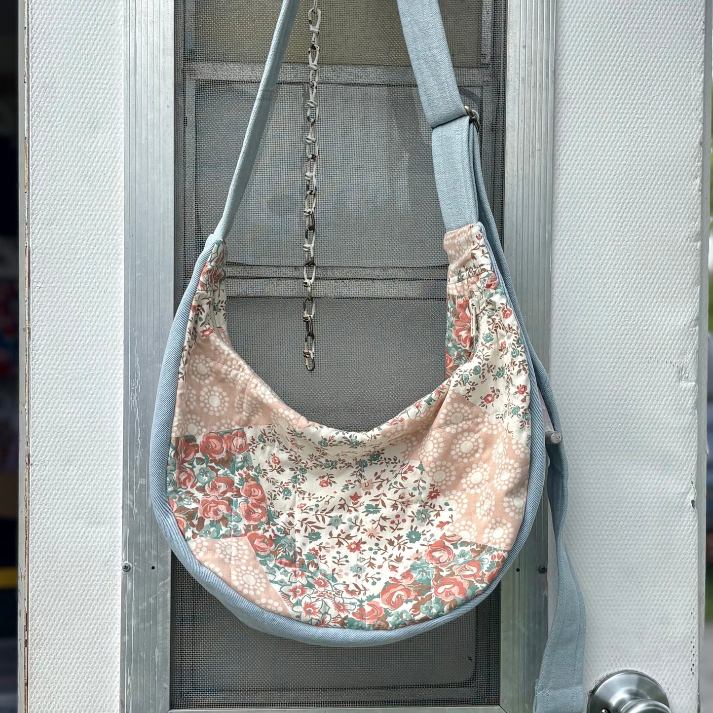 Crescent Bag- Upcycled Pink Blooms