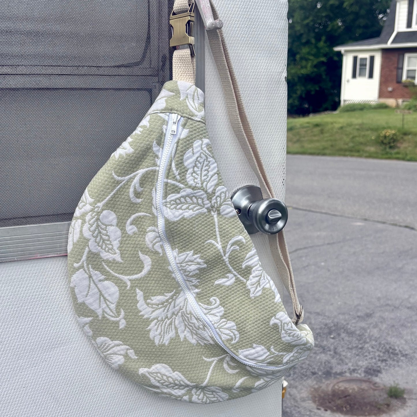 Fanny Pack- Soft Green with White Leaf Design