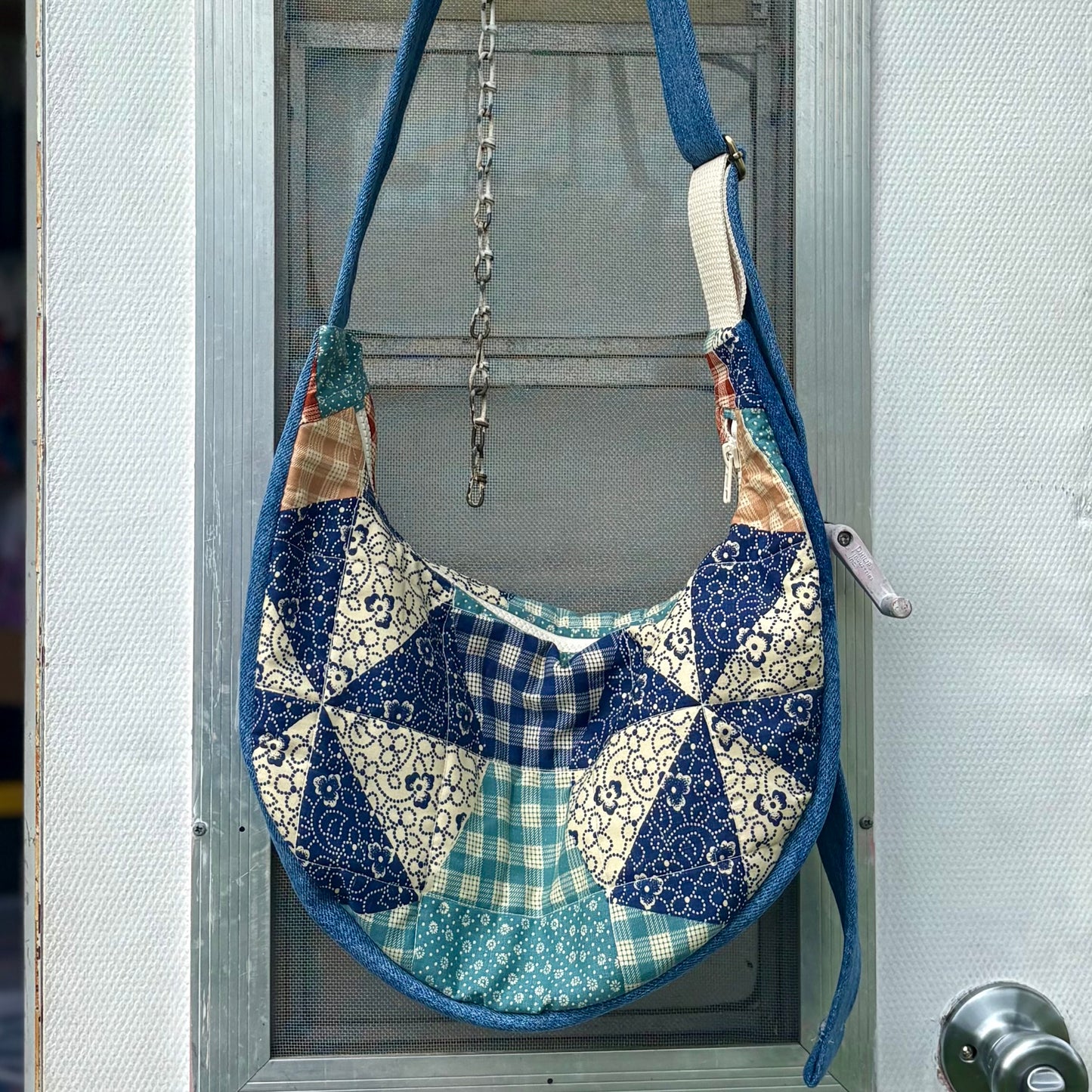 Crescent Bag- Upcycled Mock Blue Quilted