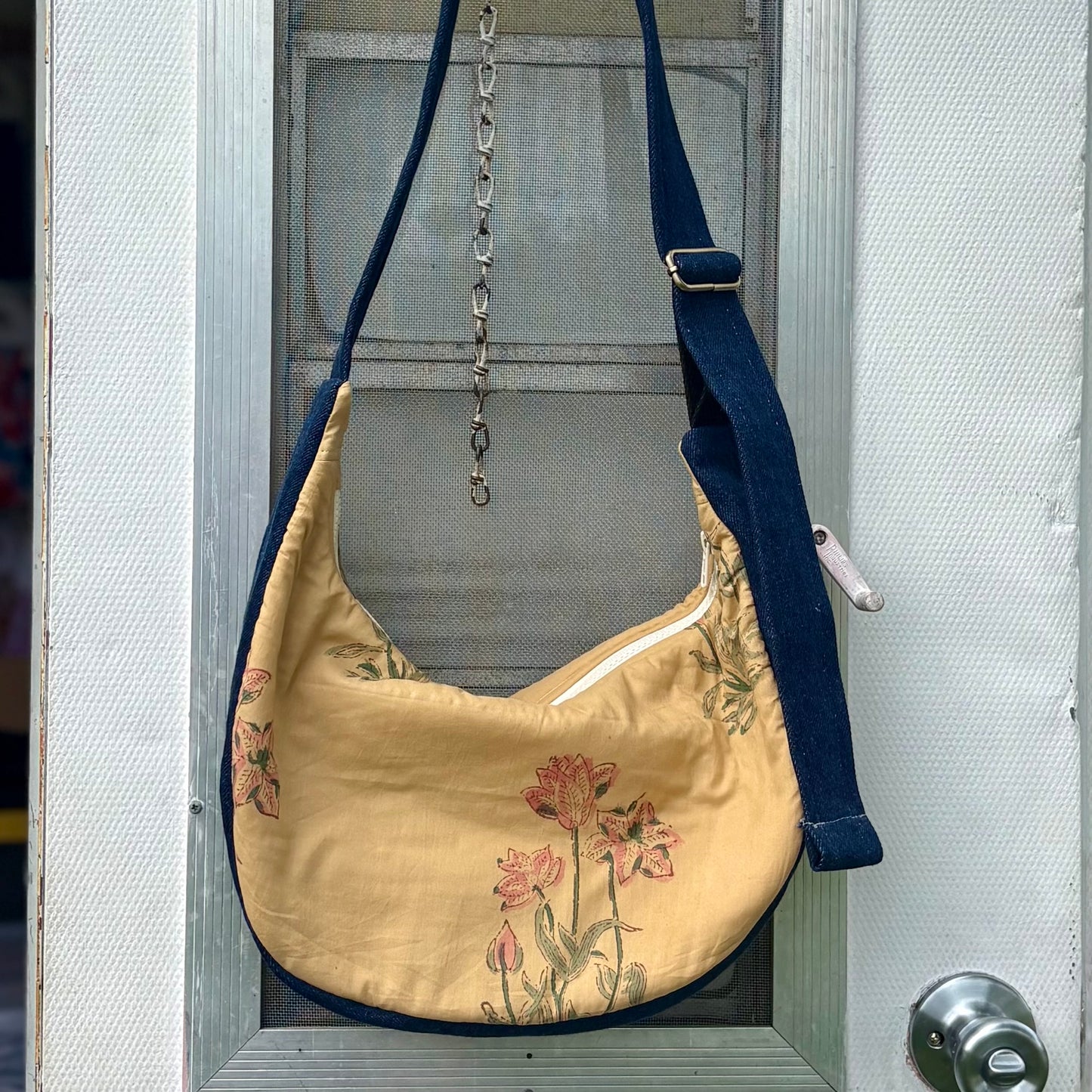 Crescent Bag- Upcycled Japanese Stamped Floral
