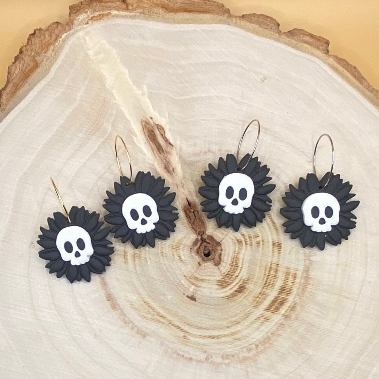 Earring- Black Sunflower Skull Hoop