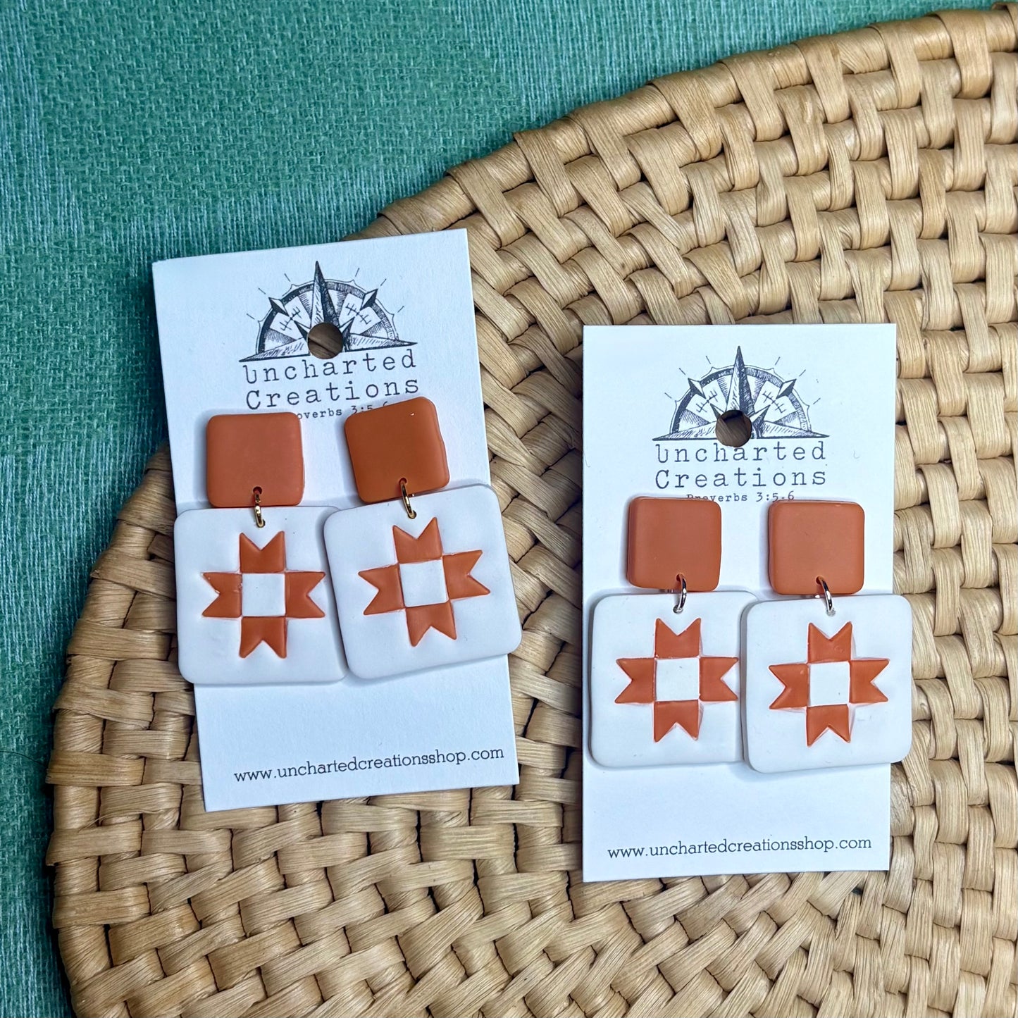 Earring- Burnt Orange Quilt Block