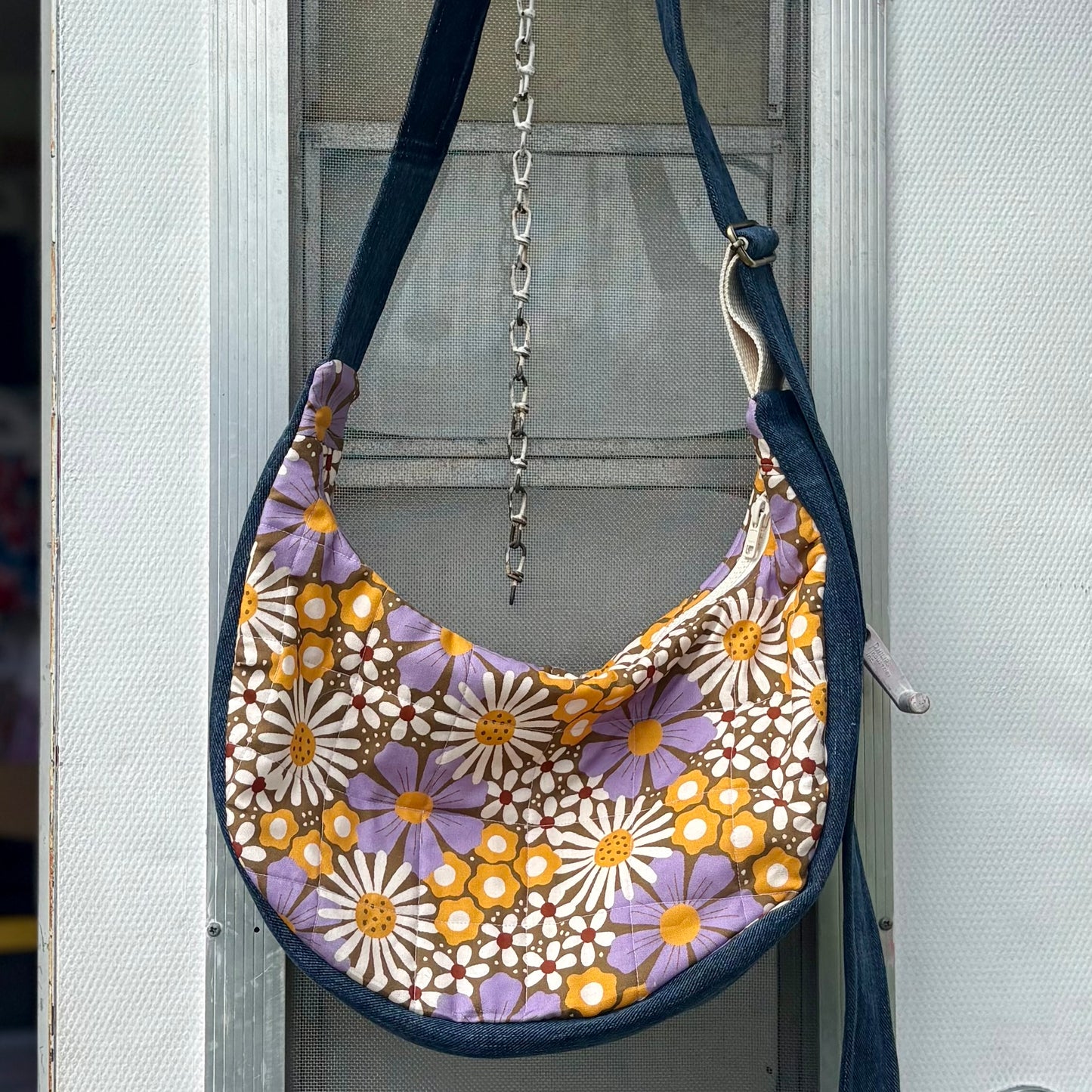 Crescent Bag- Upcycled Purple Blooms
