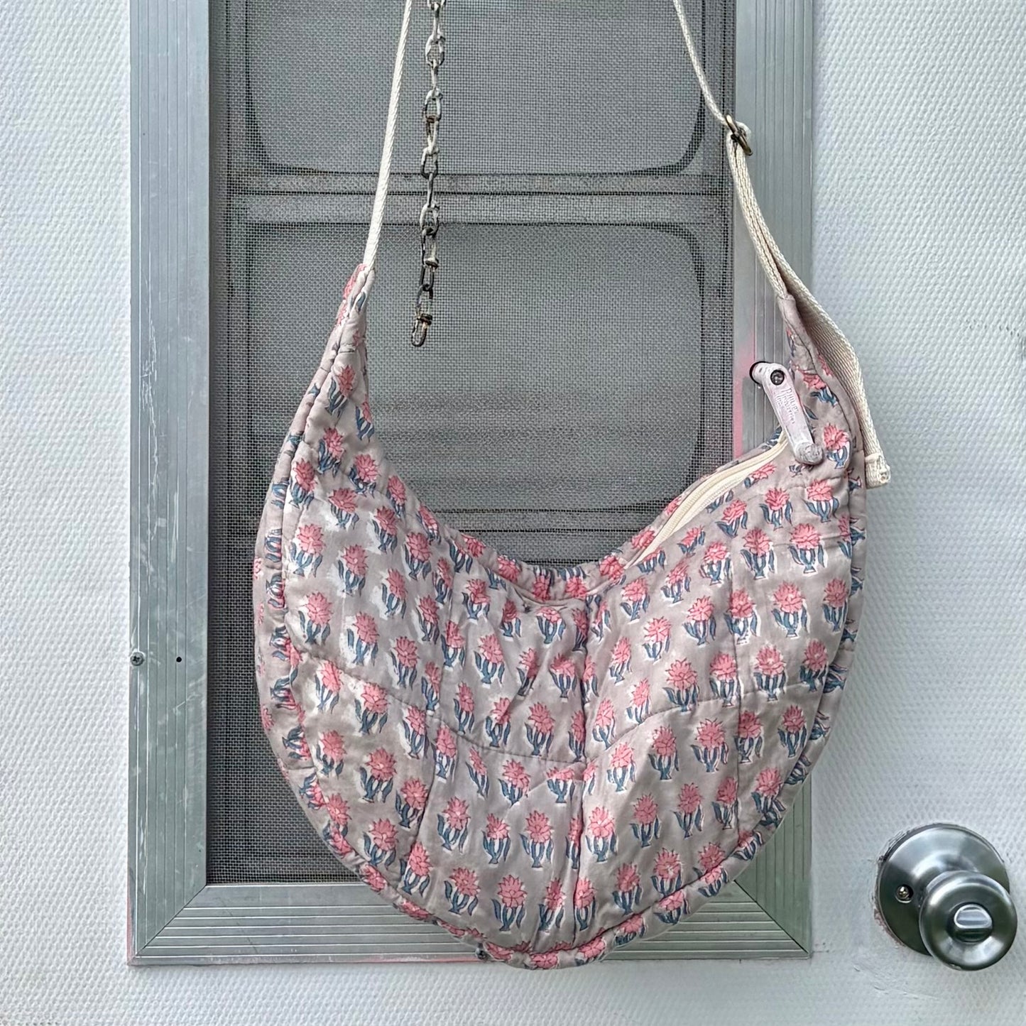 Crescent Bag- Grey and Pink Floral Stamped