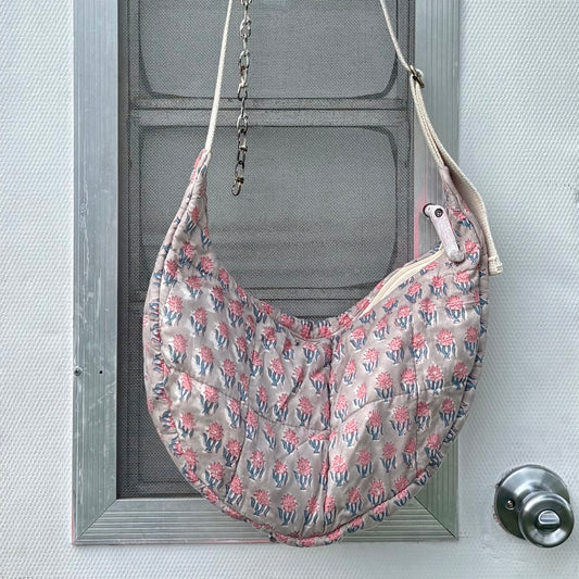 Crescent Bag- Grey and Pink Floral Stamped