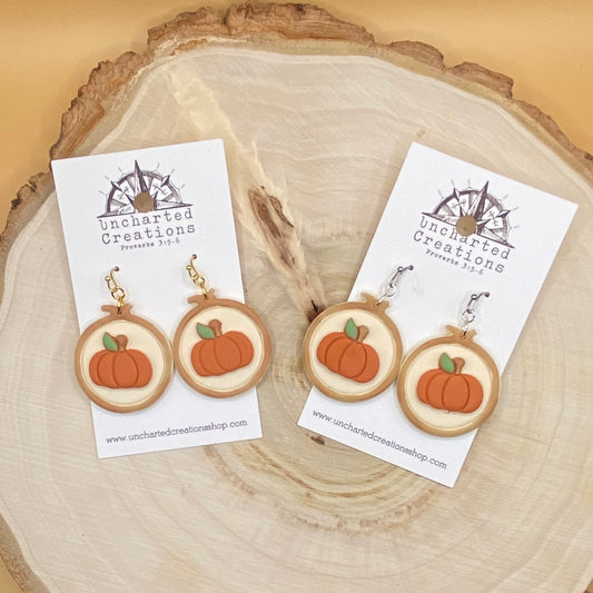 Earring- Pumpkin Embroidery Hoop