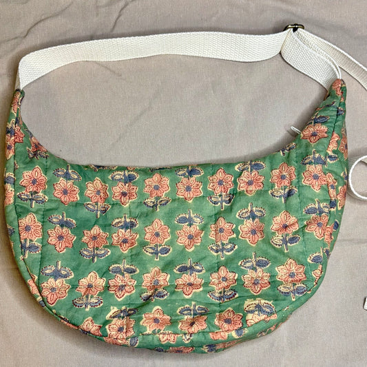 Crescent Bag- Sage Green Floral Stamped