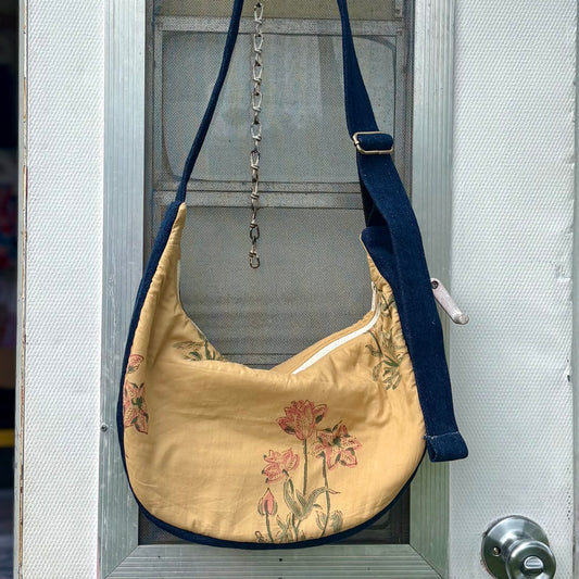 Crescent Bag- Upcycled Japanese Stamped Floral