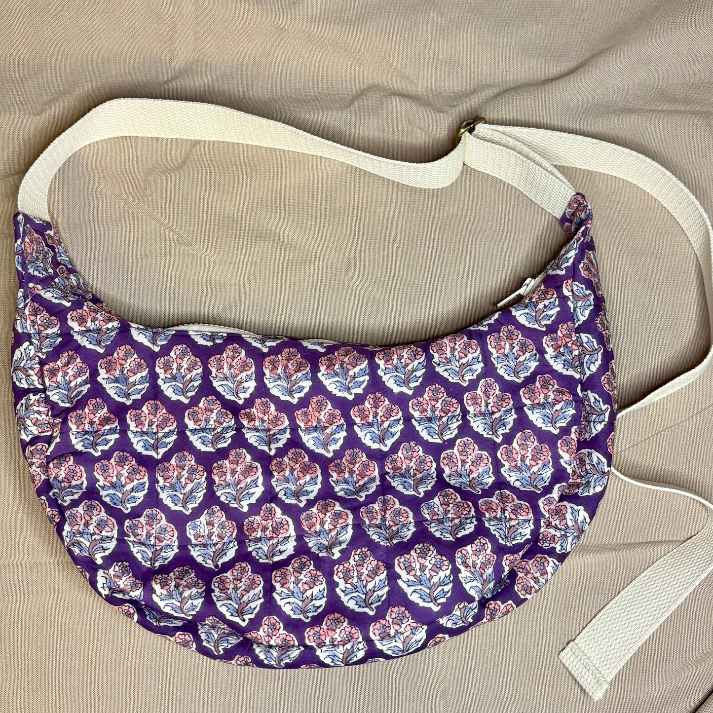 Crescent Bag- Purple Floral Stamped