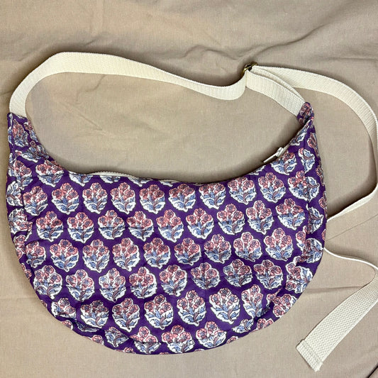 Crescent Bag- Purple Floral Stamped