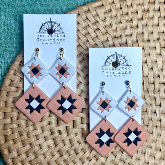 Earring- Black and Terracotta Statement Quilt