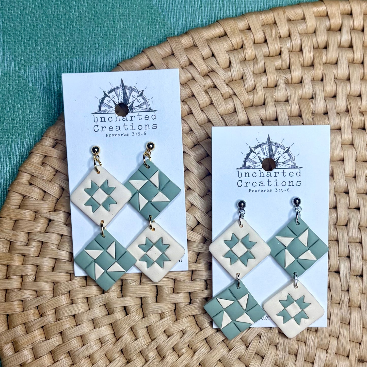 Earring- Sage and Cream Quilts