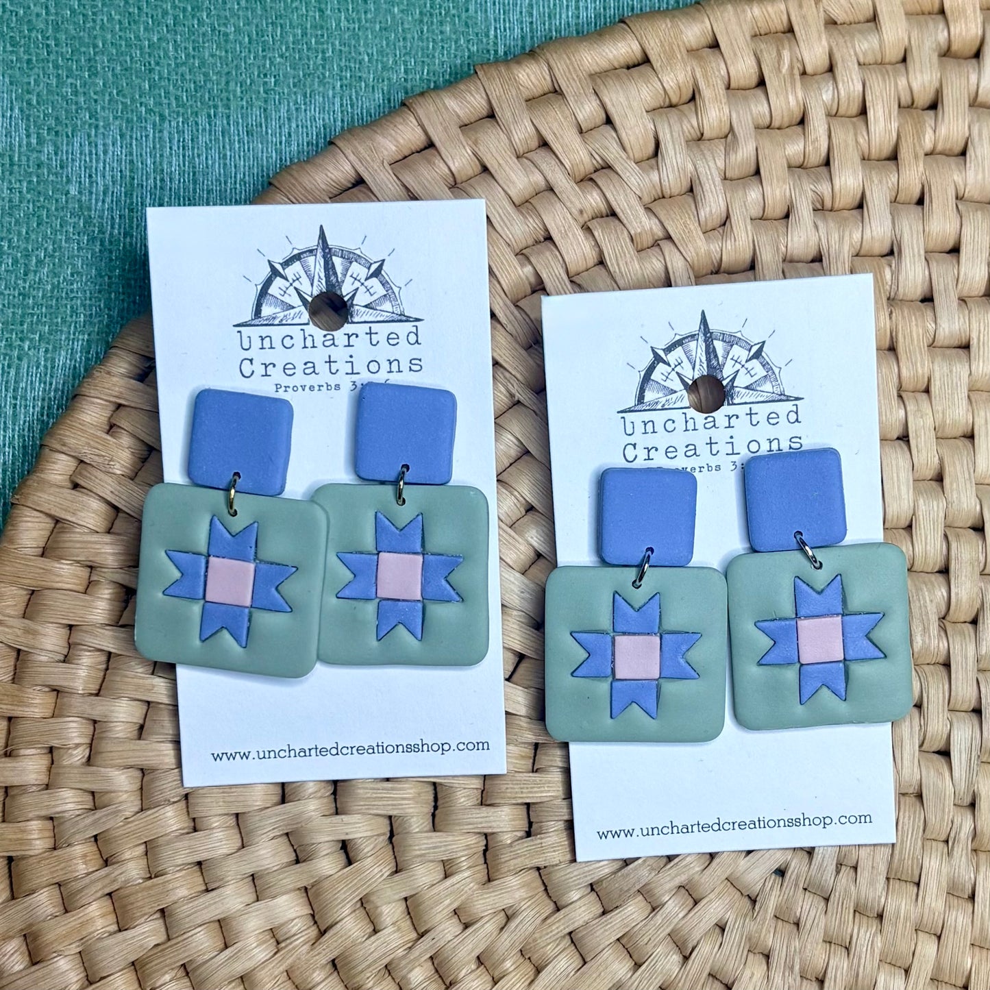 Earring- Sage and Periwinkle Quilt Block
