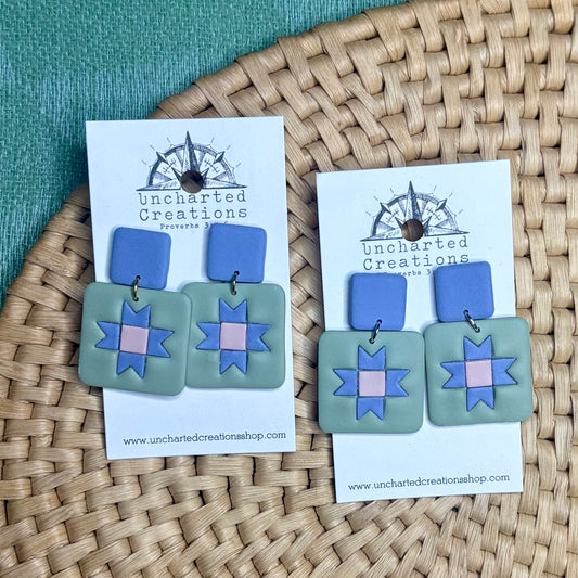 Earring- Sage and Periwinkle Quilt Block